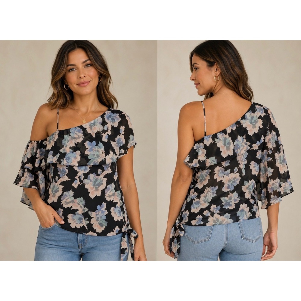 Mary & Mabel Floral One‎ Shoulder Ruffle Blouse Black Pink Blue XS
